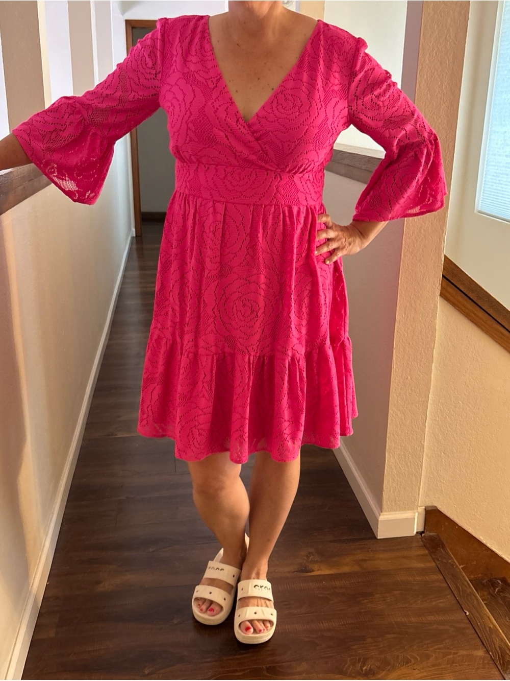 Lilly Pulitzer Cecilia Lace Mini Dress Bell Sleeve Stretchy /Pink Tango Size 16
